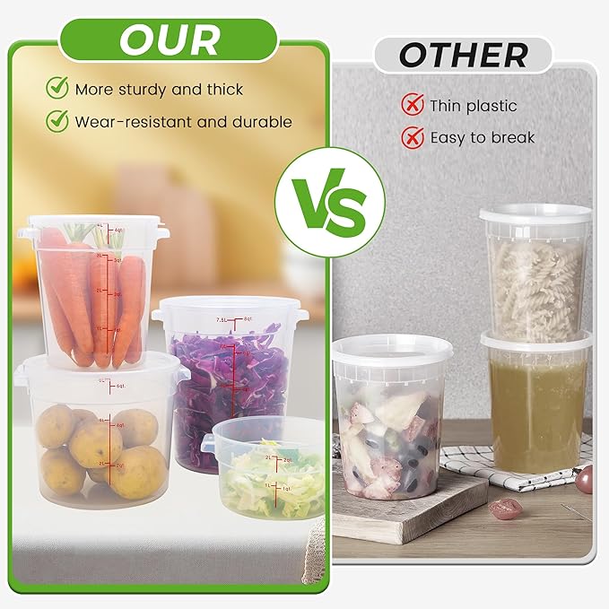 4 Pack Round Food Storage Containers with Lids, 12Qt Translucent Commercial Food Container, Polypropylene, BPA Free, Includes Labels & Measuring Cups