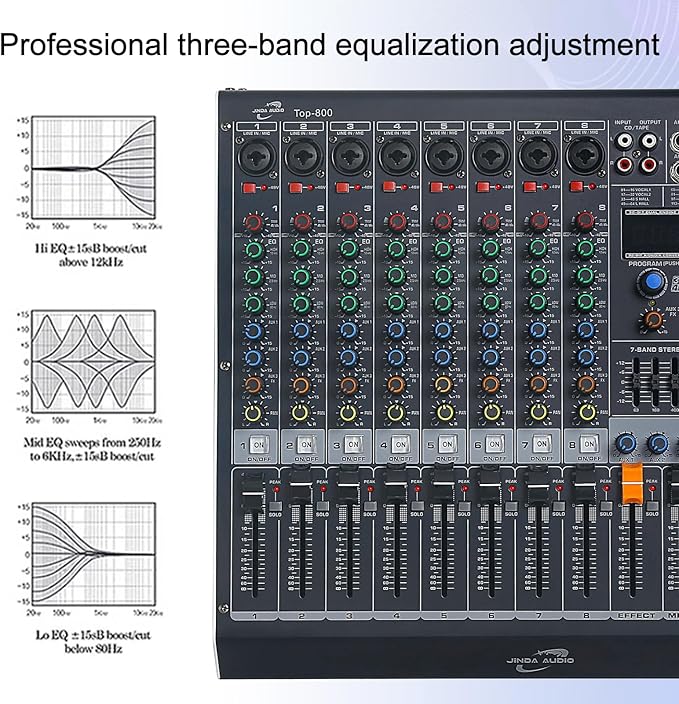 Audio Mixer 8 Channel, DJ Mixer Board with Bluetooth and Usb, Audio Sound Card with Interface Recording and 48V Phantom Power, Sounds Mixer with 256 DSP FX Reverb Delay Effect for Streaming