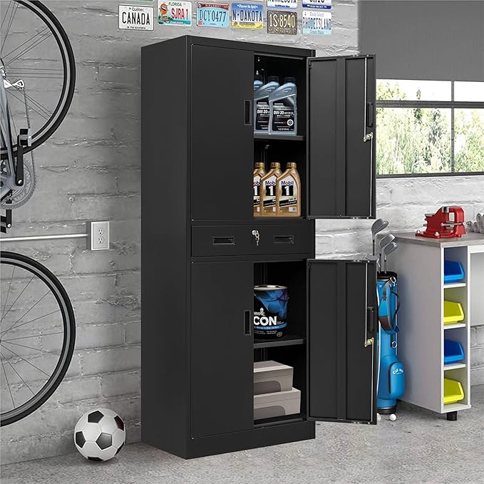 CJF Metal Storage Cabinet, 71" H Locking Storage Cabinet with Drawer and Adjustable Shelves, Steel Cabinets for Garage, Home Office, Kitchen (Black)