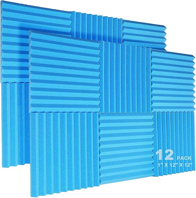 JBER 12 Pack Acoustic Foam Panels, 1" X 12" X 12" Studio Soundproofing Wedges Fire Resistant Sound Proof Padding Acoustic Treatment Foam (Blue)