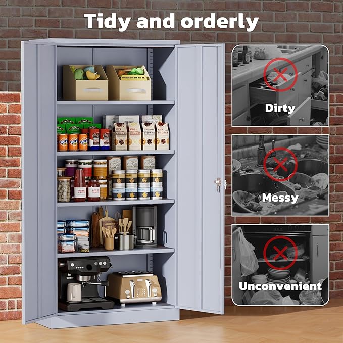 Greenvelly Metal Garage Storage Cabinet with 2 Doors and 4 Adjustable Shelves, 72”H Steel Lockable Storage Cabinet,Tall Metal Cabinet Locking File Cabinet for Office,Home, Garage, Gym, School