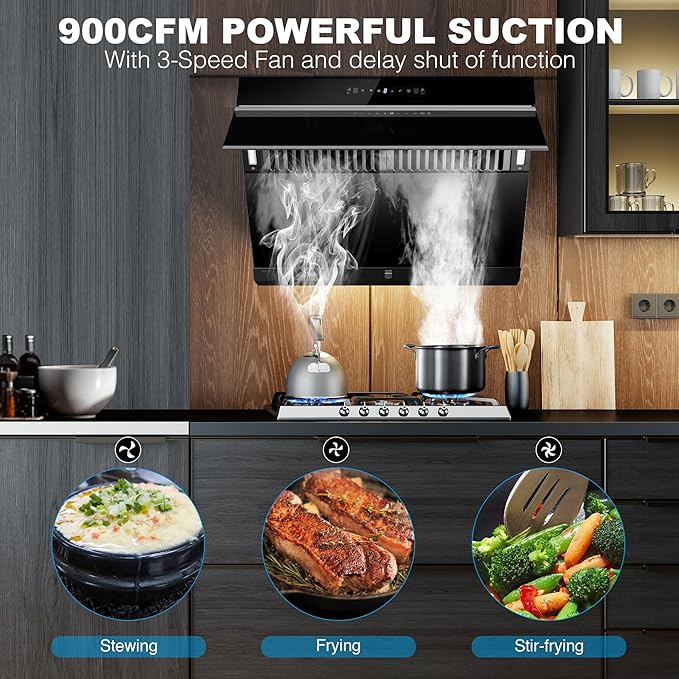 Under Cabinet Range Hood 30 inch,Wall Mount Kitchen Hood 900 CFM with Heating Auto-cleaning Function, Gesture& Touch Control,Tempered Glass Surface Vent Hood 3 Speed Exhaust Fan,Baffle Filters