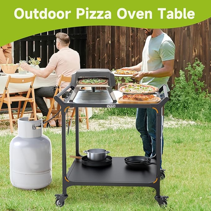NUUK Outdoor Grill Cart on Wheel 32" x 32", Stainless Steel Pizza Oven Table with Double-Shelf, Rolling Countertop Kitchen Food Prep Cart for Backyard, Garden, Restaurant