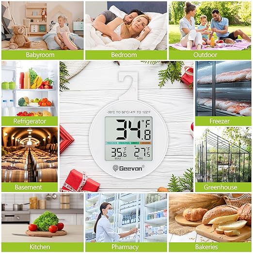 Geevon Small Digital Refrigerator Thermometer 5 Pack, IP65 Waterproof Commercial and Home Use, Max/Min Record Function with LCD Screen, Stand and Magnetic Back, for Fridge, Freezer Scenarios