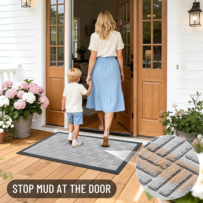 OLANLY Front Door Mat Outside Entrance 35x23, Absorbent, Heavy Duty Sturdy Natural Rubber Doormat Indoor Outdoor, Non-Slip, Stain and Fade Resistant, Low Profile Floor Mat for Entryway, Light Gray