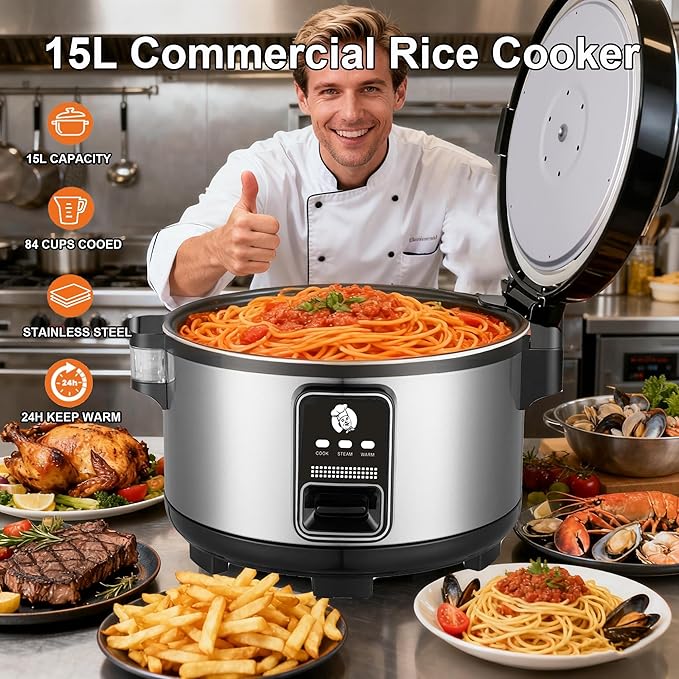 15L Large Capacity Commercial Rice Cooker & Food Warmer 84 cups cooked / 32 cups uncooked Stainless Steel rice Electiric Rice Cooker | One Touch | Automatic Warm with Non-Stick Inner pot