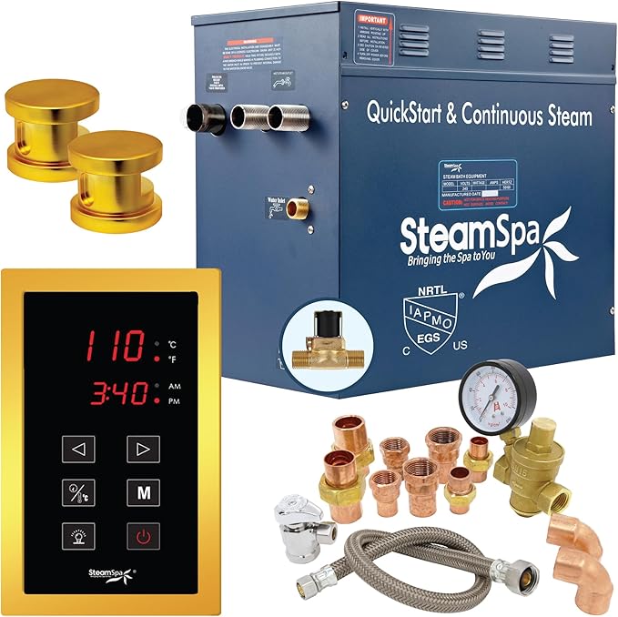 SteamSpa Premium 10.5 KW QuickStart Acu-Steam Bath Generator Package with Built-in Auto Drain in Polished Gold Finish|Touch Panel Control System|PRT1050GD-A