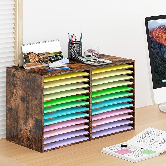 EasyPAG Scrapbook Paper Storage Organizer for Craft Room, 12x12 Paper Storage Desk Shelf, 24 Slot Adjustable File Sorter for Office School Classroom, Antique
