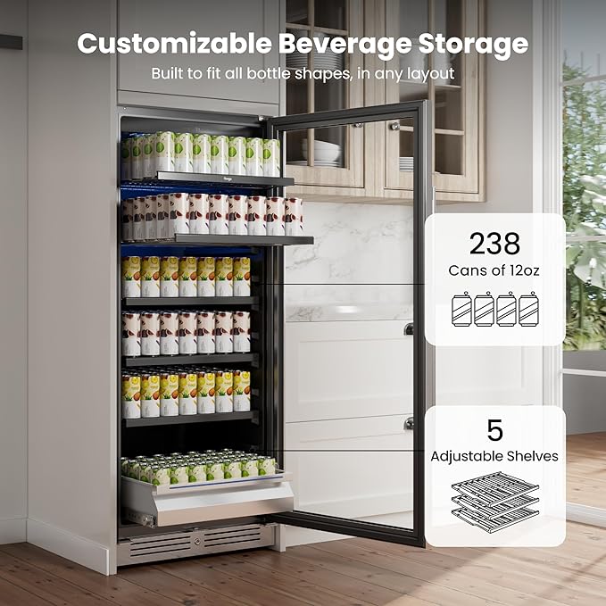 Beverage Refrigerator 24 inch - 238 Cans Capacity Beverage Cooler, Upgraded Beverage Refrigerator Freestanding or Built-In, Drink Cooler for Soda, Water, Beer or Wine - For Kitchen, Bar or Office