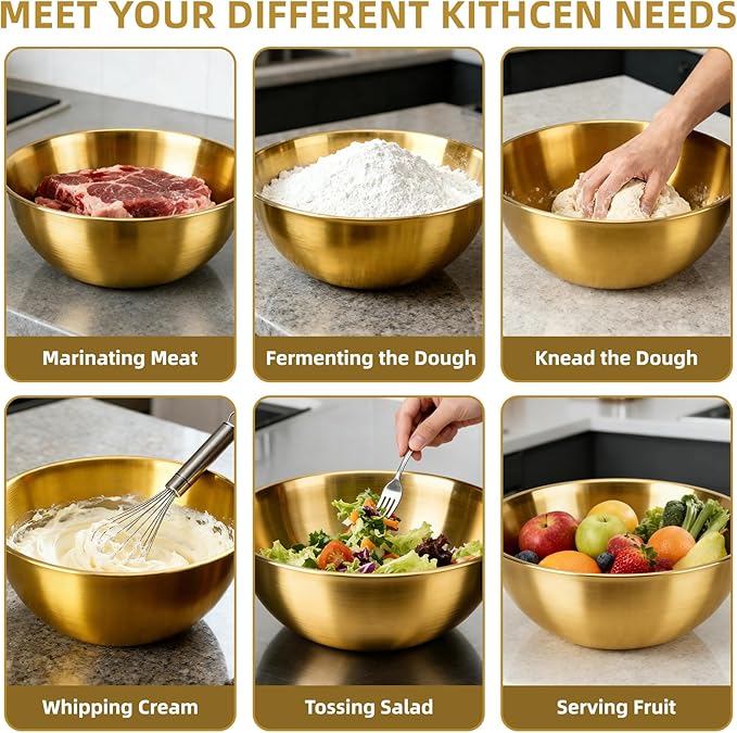 3-Piece Stainless Steel Golden Mixing Bowls (6.3") Metal Bowl with Measurement Marks, Dishwasher Safe & Stackable - Perfect for Baking, Salad Making, Meal Prep