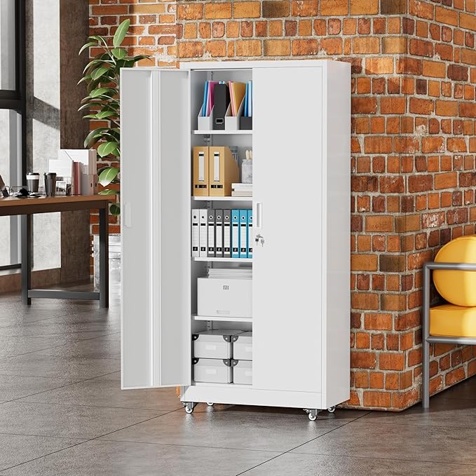 Greenvelly Metal Garage Storage Cabinet with Wheels, 73" White Steel Rolling Cabinet with 2 Door Lock and Adjustable Shelves,Locking Storage Cabinet for Garage Home Office Utility Room