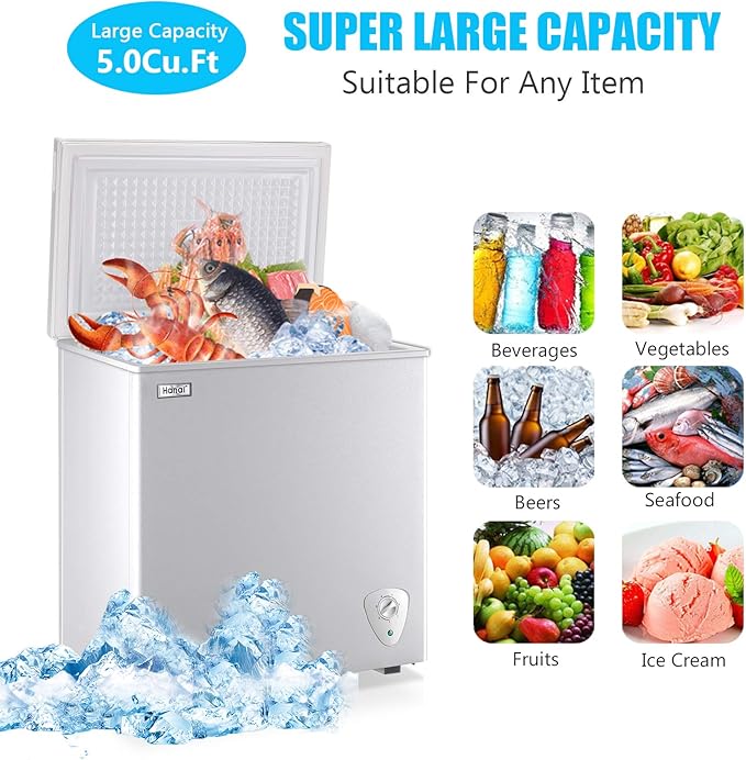 Chest Freezer 5.0 Cu.Ft Small Deep Freezer White Top Door Mini Freezer with Removable Basket, Low Noise, 7 Adjustable Temperature and Energy Saving Perfect for Home Garage Basement Dorm or Apartment