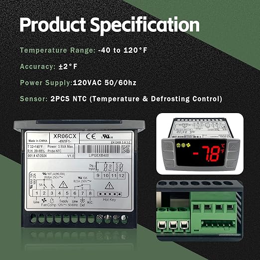 XR06CX-4N1F1 Temperature Controller with NTC Temperature Sensor Probe Compatible with Dixell XR06CX-4N1F1 Temperature Thermostat Fit for 120V 50-60Hz Commercial Refrigerators/Freezer (with Clasp)