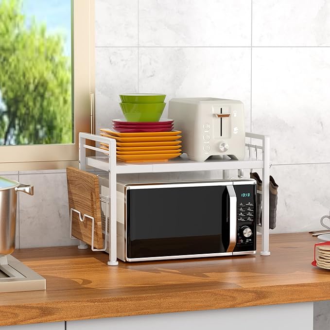 Extendable Microwave Oven Rack - Adjustable Kitchen counter shelf, 2 Tier Microwave Stand (L15.7~23.6" xW12.8 xH17.7) with 6 Hooks for Kitchen Countertop Organizer (White)