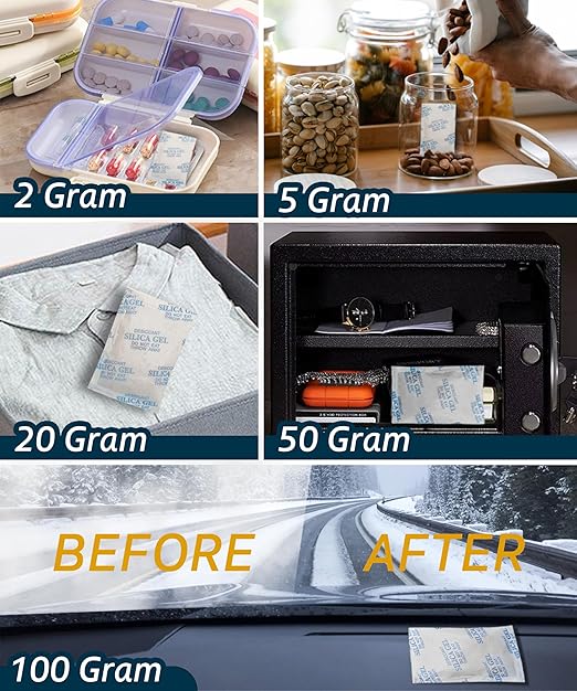 1 Gram (100 Pack) Color-Indicating Silica Gel Packets, Premium Food Grade Desiccant - Rechargeable Moisture Absorbers for Food Storage, Electronics, 3D Filament & Safes