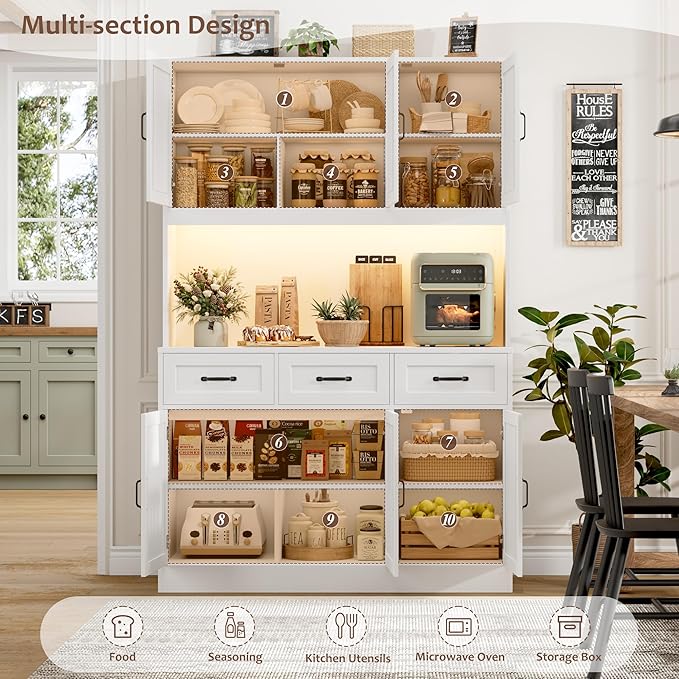 HOSTACK 72" Tall Kitchen Pantry Cabinet with Charging Station | LED Lights, 47" W Kitchen Pantry Storage Cabinet with Countertop, Modern Kitchens Hutch Cabinets with Storage for Dining Room, White