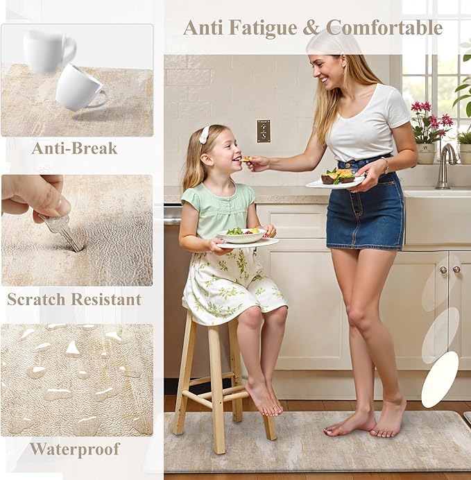 Collive Kitchen Mats Cushioned Anti Fatigue, Abstract Kitchens Floor Mat Non Slip Desk Rugs Waterproof, Beige Memory Foam Comfort Standing Rug for Sink, Home Decor, 17"x59"+17"x29"