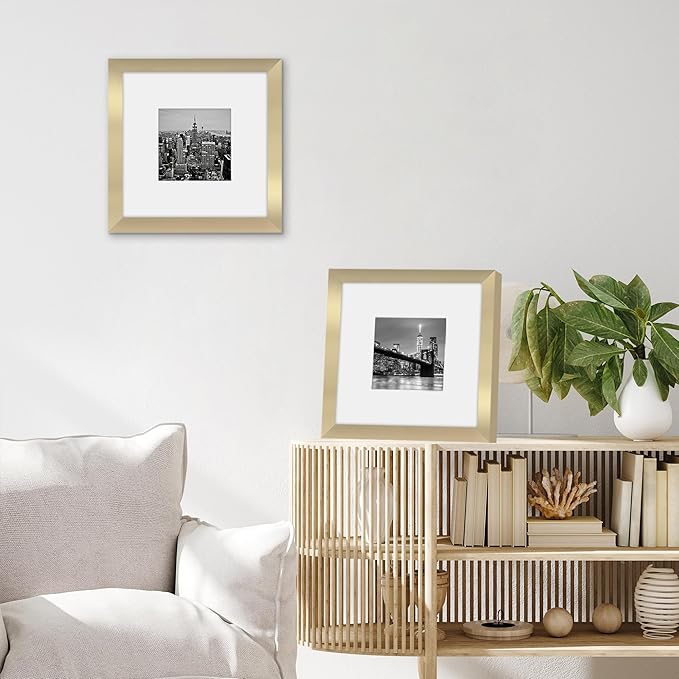 Americanflat 8x8 Picture Frame with Shatter-Resistant Glass - Use as 4x4 Frame with Mat or Display 8x8 Photo Without Mat - Signature Collection - Square Frames for Tabletop and Wall Display - Gold