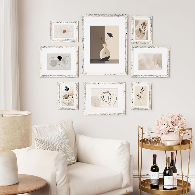 Vittanly 11x14 Picture Frame Set of 2, Solid Wood Frame for Wall Art Photo and Prints, Display Photo 8x10 with Mat or 11x14 without Mat, Distressed White