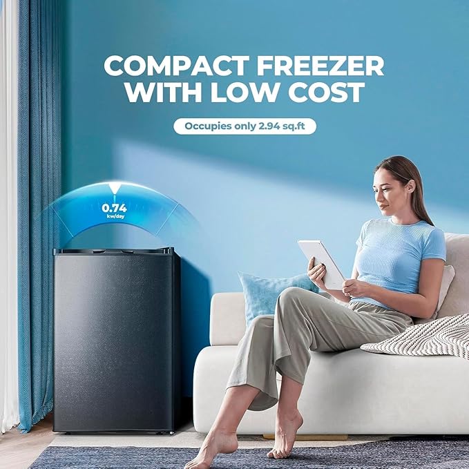 3.0 Cu.ft Small Freezer, Mini Upright Freezer with 7 Adjustable Thermostat, Removable Shelves, Reversible Single Door, for Bedroom/Home/Dorms/Apartment (Black)