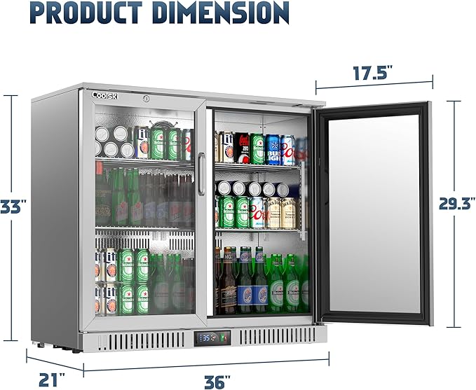 Coolski 36 Inch Back Bar Cooler, Under Counter Beverage Refrigerator with Glass Doors, Commercial Counter Height Display Fridge for Beer Soda, 7.4 Cu.Ft. Capacity/LED Lighting/ETL NSF Approved