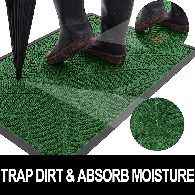 Colorxy Waterproof Doormat, Sturdy Natural Rubber Front Indoor Mat, Non Slip Low Profile Indoor Outdoor Door Mats, Stain and Fade Resistant Floor Mat, Easy Clean Patio Entrance Mat, 48''x32'', Green
