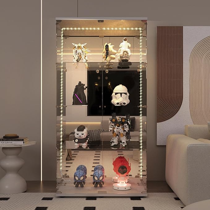 Yoluckea 4 Tiers Glass Display Cabinet with Bluetooth LED Light Strip, 2 Doors Floor Standing Curio Cabinet with Adjustable Feet and Mirror Back Panel, White Glass Bookshelf for Collections, Wood Top