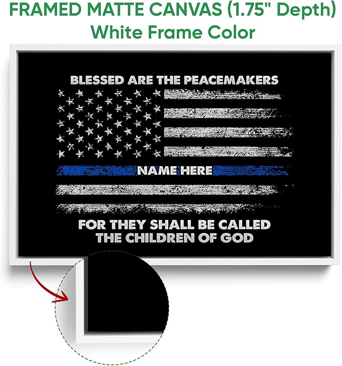Personalized Police Poster & Framed Canvas, Blessed Are The Peacemakers Patriotic Home Office Decor, Custom Name Bedroom Living Room Aesthetic Wall Art Gift For Police Officers