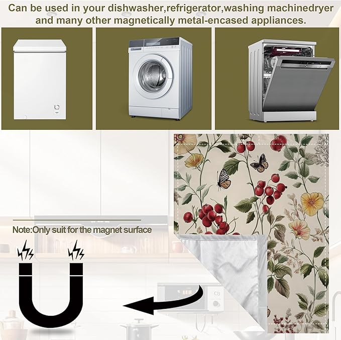 Magnetic Dishwasher Cover,Vintage Flower Reusable Dishwasher Magnetic Cover Butterfly Berry Decorative Door Covers Panel for Home Kitcen 23" x 26"
