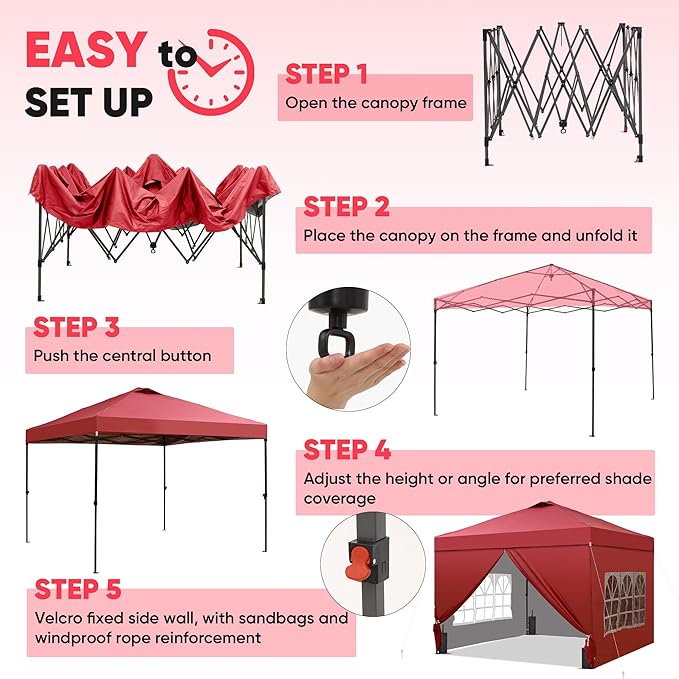 Saemoza 12x12 Pop Up Canopy Tent with One Push Setup, Portable Sun Shade Tent, Instant Easy Up Canopy with 4-Sidewalls & Wheeled Bag, Outdoor Fldable Gazebo with Vent Top, Red.