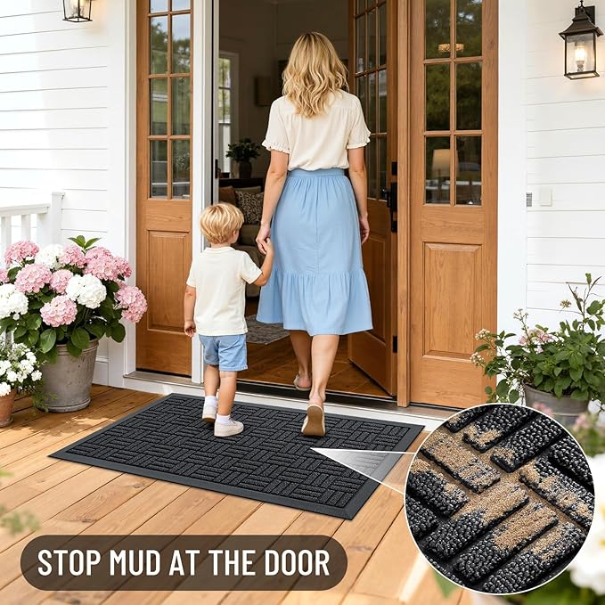OLANLY Front Door Mat Outside Entrance 71x23, Absorbent, Heavy Duty Sturdy Natural Rubber Doormat Indoor Outdoor, Stain and Fade Resistant, Non-Slip Backing Low Profile Floor Mat for Entryway, Black