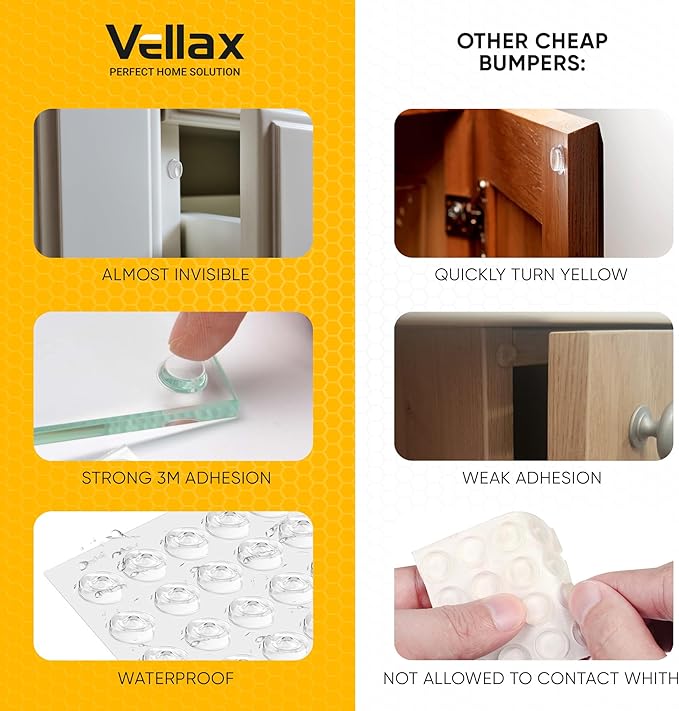 64 Clear Cabinet Door Bumpers - 1/2 Inch Self Adhesive Rubber Stoppers for Drawers, Damp Pads Cupboards, Cutting Boards, Glass Tops, Picture Frames - Vellax