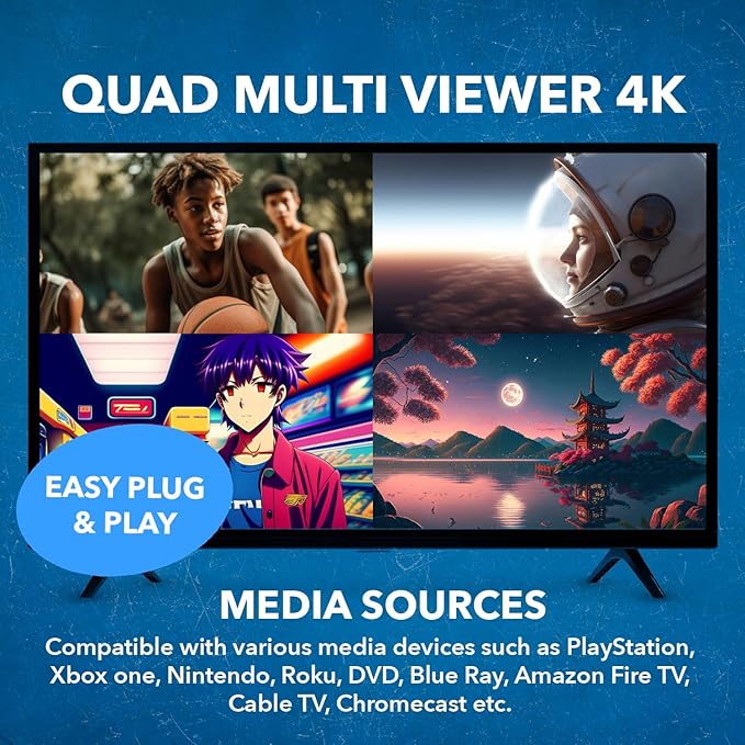 OREI 4K Multi HDMI Viewer Quad 4 in 2 Out, Matrix Switcher 4 Ports Seamless IR Remote Support 4K @ 60Hz 1080P for PS4/PC/DVD/Security Camera, HDMI Switch Optical Audio L/R Output - UHD-402MV
