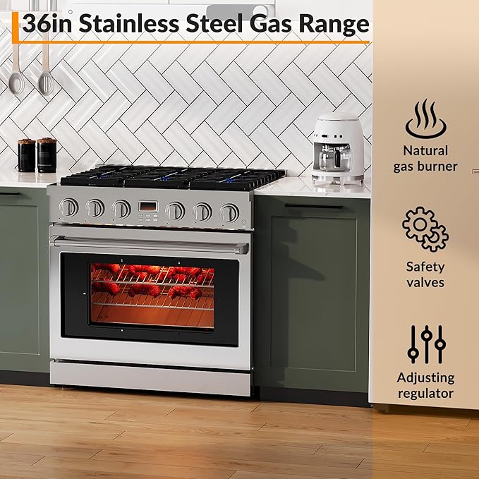 36 Inch Stainless Steel Dual Fuel Range, Freestanding Stove with 6 Sealed Gas Burners and a 6.0 Cu.Ft Self-Cleaning Electric Oven, Features True Convection for Home or Commercial Kitchens