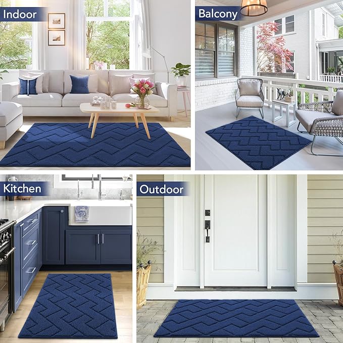 hicorfe Dirt Trapper Indoor Doormat,20"x48" Welcome Door mat,Non Slip Backing Washable Door Mats,Absorbent and Resistant Low-Profile Entrance Inside Floor Mat for Front Back Door,Entryway (Navy Blue)