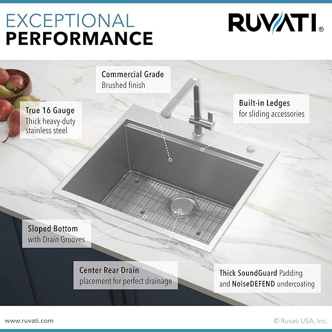 Ruvati 25 x 22 inch Workstation Drop-in Tight Radius Topmount 16 Gauge Stainless Steel Ledge Kitchen Sink Single Bowl - RVH8023