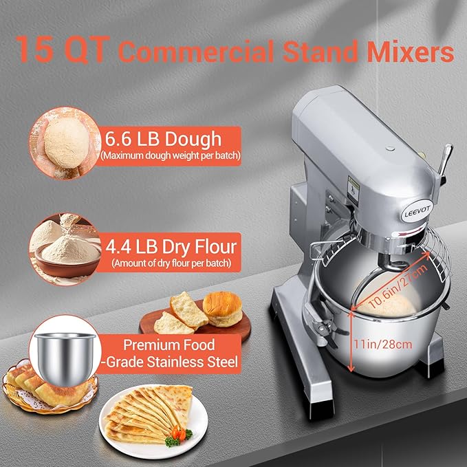 15Qt Commercial Food Mixer with Timing Function, Commercial mixer 3-Speed Adjustable Heavy Duty, Electric Stand Dough Mixer with Stainless Steel Bowl for Bakery Pizzeria (Upgraded)