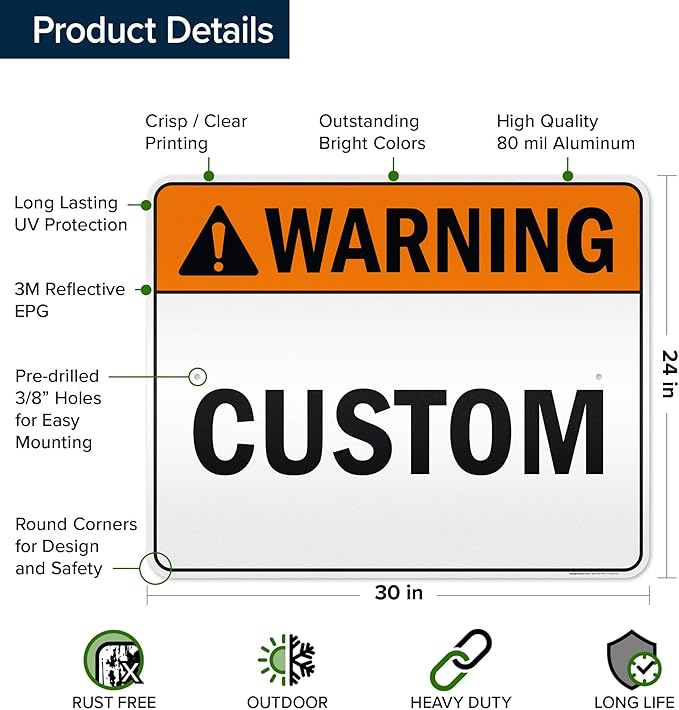 Custom warning Sign, Ansi Sign, Osha Compliant, 24x30 Inches, 3M EGP Reflective, Rust Free .080 Aluminum, Fade Resistant, Made in USA by My Sign Center