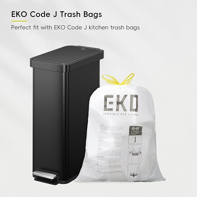 EKO Hudson Slim 50L / 13.2 Gallon Kitchen Trash Can with Lid, Stainless Steel Step Garbage Can for Kitchen or Home, Space-Saving Garbage Can with Soft Close Lid, Stay-Open, Liner Ring, Matte Black