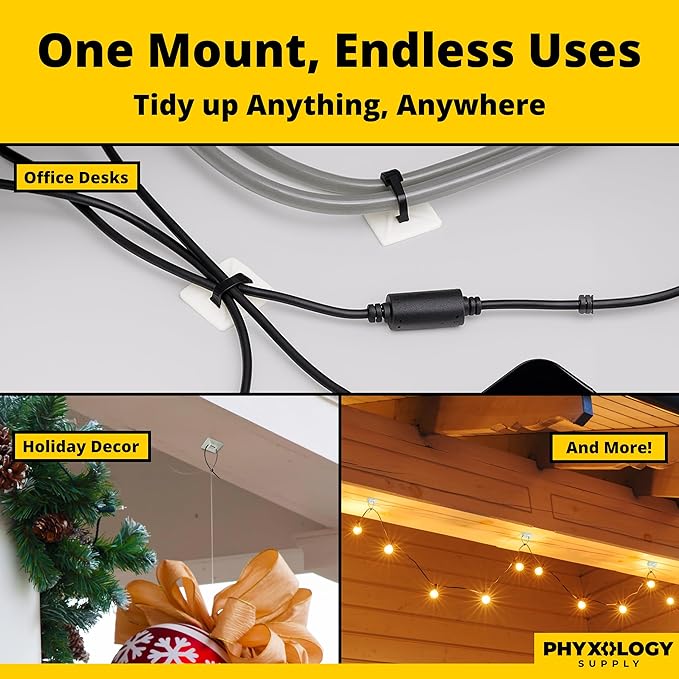 Large, Premium Zip Tie Adhesive-Backed Mounts 100 Pk by Phyxology Supply. Pro-Grade, UV White Cable Tie Bases: 1.1 in x 1.1 in. Screw-Hole Anchor Point Gives High-Strength Durability for Long-Term Use