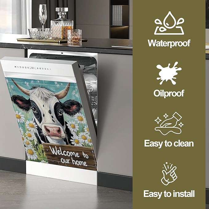 Dishwasher Magnet Cover,Black White Cow Dishwasher Cover Magnetic Daisies Home Appliances Refrigerator Decorative 23" x 26"