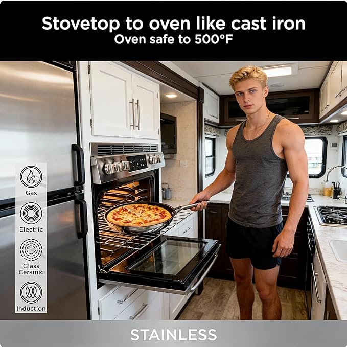 RV pan Stainless Steel Non Stick Fry Pan Set,8 & 10 Inch,Gas Electric Induction Compatible,PFOA Free,Dishwasher Safe,Oven Safe up to 500°F,2-Piece Cookware,Even Heat Distribution & Stay Cool Handles.
