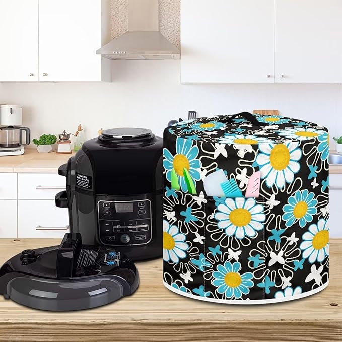TODIYADDU Black Daisy Pressure Cooker Cover for Women Butterfly Butterfly Instant Pot Cover with Handle and Pocket for Rice Cooker Air Fryer Universal Kitchen Appliance Covers Storage Case Present