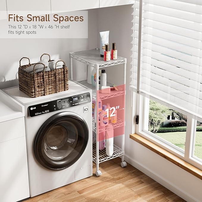 4 Tier Adjustable Storage Shelves Metal Utility Shelf Wire Shelving Unit Organizer Rack for Home Kitchen Office Bathroom Pantry Room 12" D x 18" W x 44.5" H