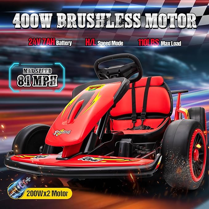 24V Electric Go Kart for Kids, Drift Kart with 400W Motors, EVA Tires, Max Speed 8.1 MPH, Music, Wireless, Electric Drifting Cart Outdoor Ride on Toy for Kids Ages 6+ (Red)