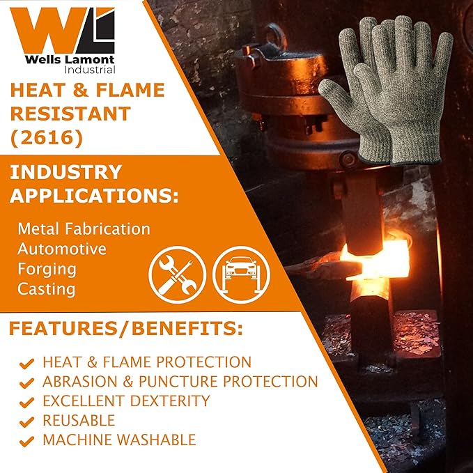 WELLS LAMONT INDUSTRIAL 2616 Cut Resistant Heat Gloves – ANSI Cut Level A7, Heat Level 5, Flame-Resistant, Wool Terry Liner, – Thermal Protection for Hot Machinery Handling, X-Large, 1 Pair of Gloves