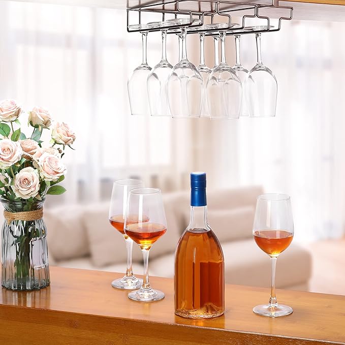 Wine Glass Rack Under Cabinet Drilling Free No Screw Steamware Holder Under Shelf Metal Wine Glasses Holders 304 Stainless Steel Hanger Storage Organizer Hanging Glass Fit for Bar Kitchen 2 Rows Brown