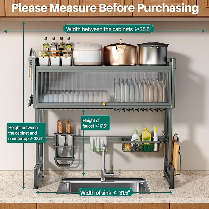 Over The Sink Dish Drying Rack with Cover, Over The Sink Dish Drainer Drying Rack 3 Tier Dish Rack, Keep Kitchen Sink Shlef Organized Space-Saving for Dishes and Cutlery (Matte Gray, 33.4" Length)