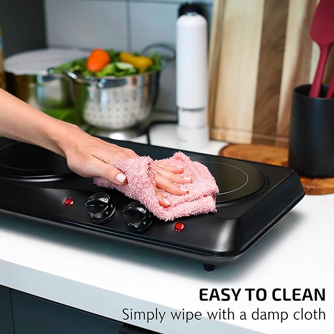 OVENTE Countertop Infrared Double Burner, 1700W Electric Hot Plate and Portable Stove with 7.75" and 6.75" Ceramic Glass Cooktop, 5 Level Temperature Setting and Easy to Clean Base, Black BGI102B