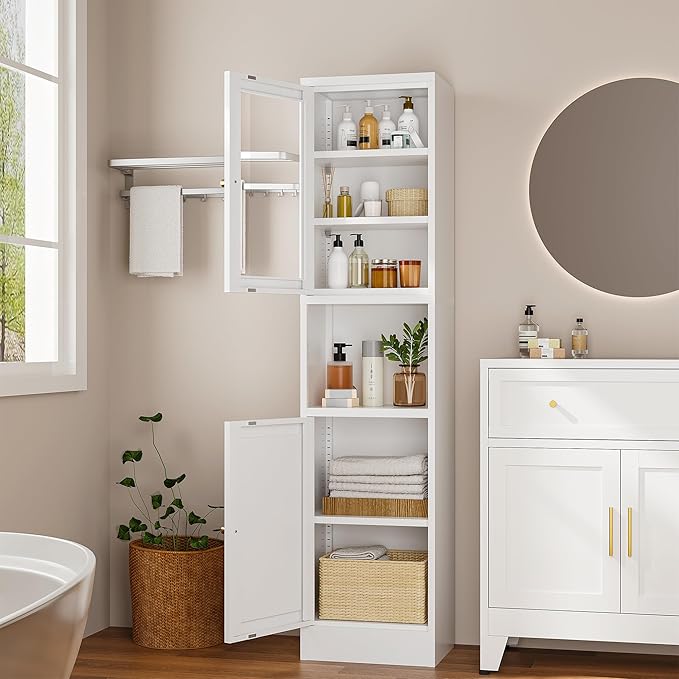 Narrow Glass Door Storage Cabinet Tall Metal Storage Cbinets with 4 Adjustable Shelves Freestanding 5 Tier Slim Pantry Cabinet for Kitchen Office Small Space